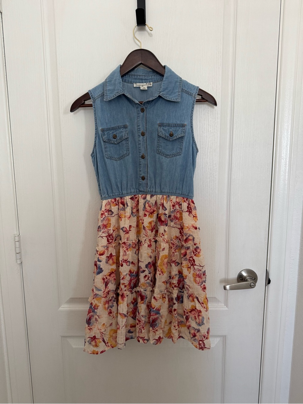 Girls Denim & Floral Sleeveless Dress. Size 14.